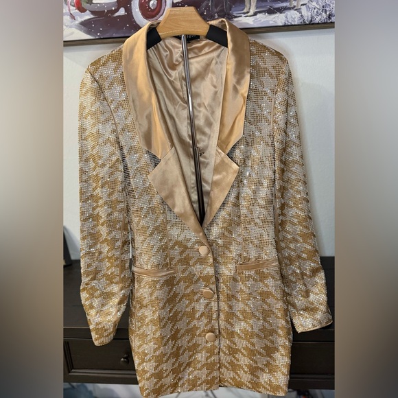Retrofete Jules Embelished Blazer Mini Dress XS Gold Sequin Houndstooth - Picture 5 of 7